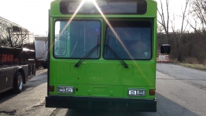 Green Party Bus as seen from directly in front